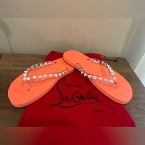 Christian Louboutin Neon Orange Studded Jelly Flip Flops